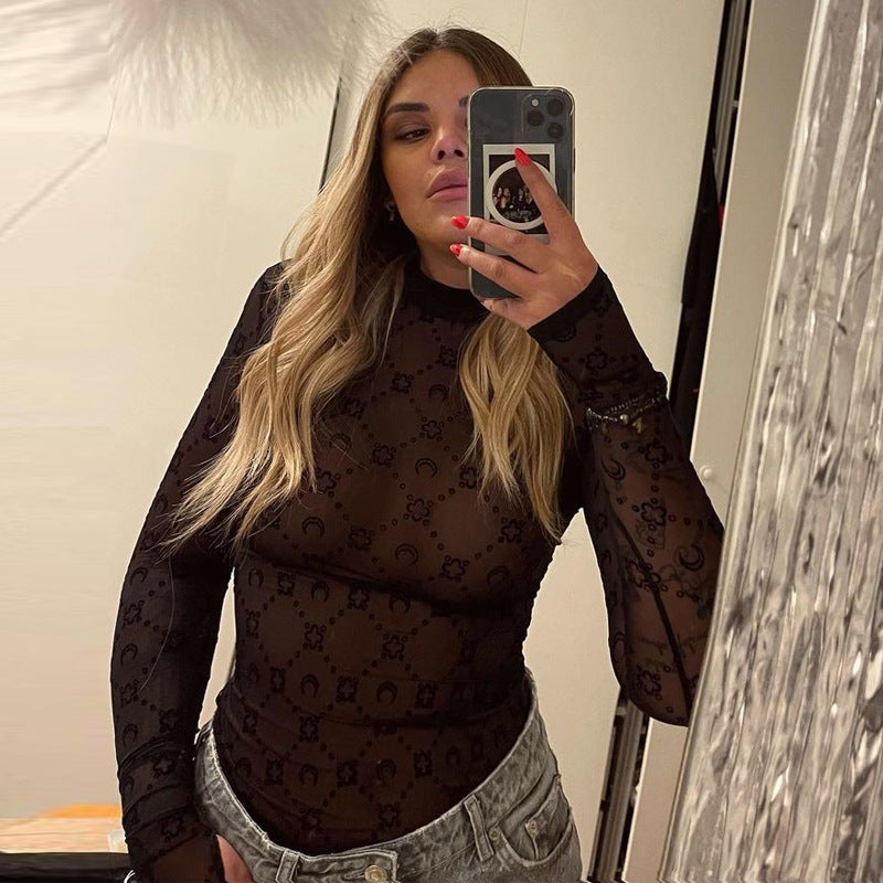 Women's Mesh See-through Thin Half-high Collar Long Sleeves Bottoming Shirt Top