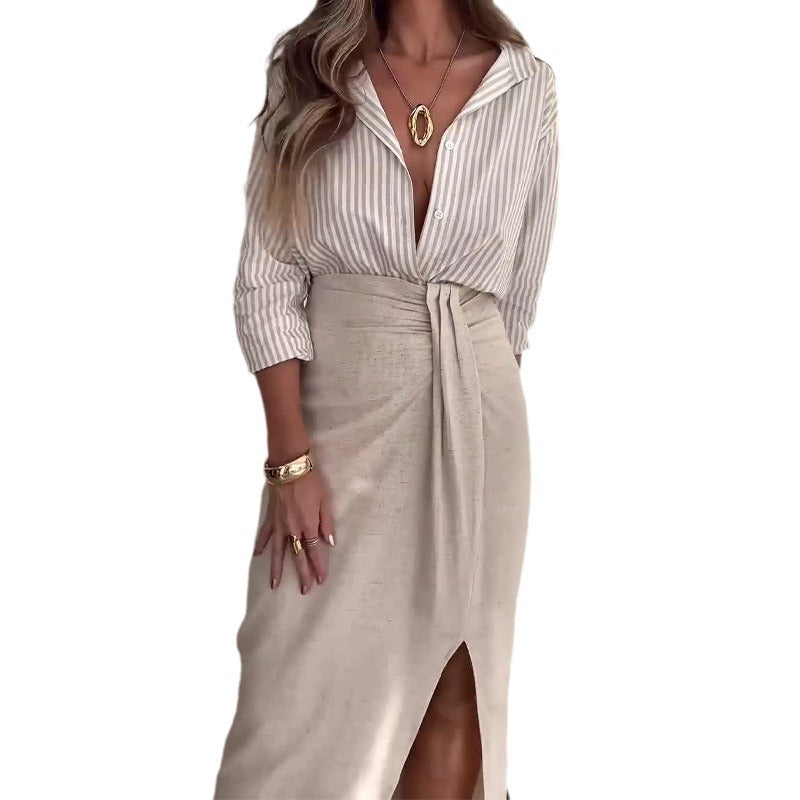 Polo Collar Striped Shirt High Waist Half Split Skirt Suit