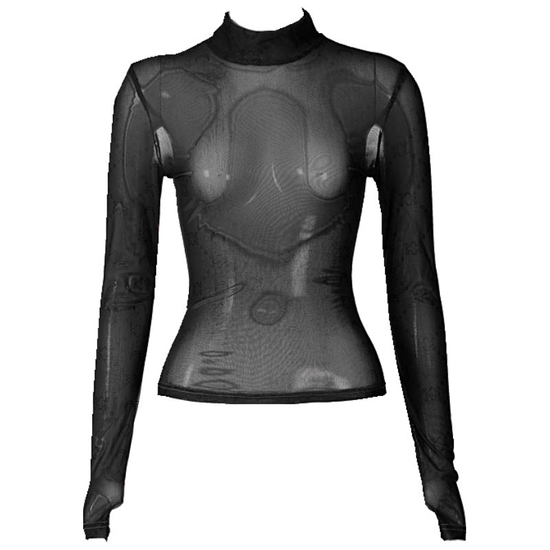 Women's Mesh See-through Thin Half-high Collar Long Sleeves Bottoming Shirt Top