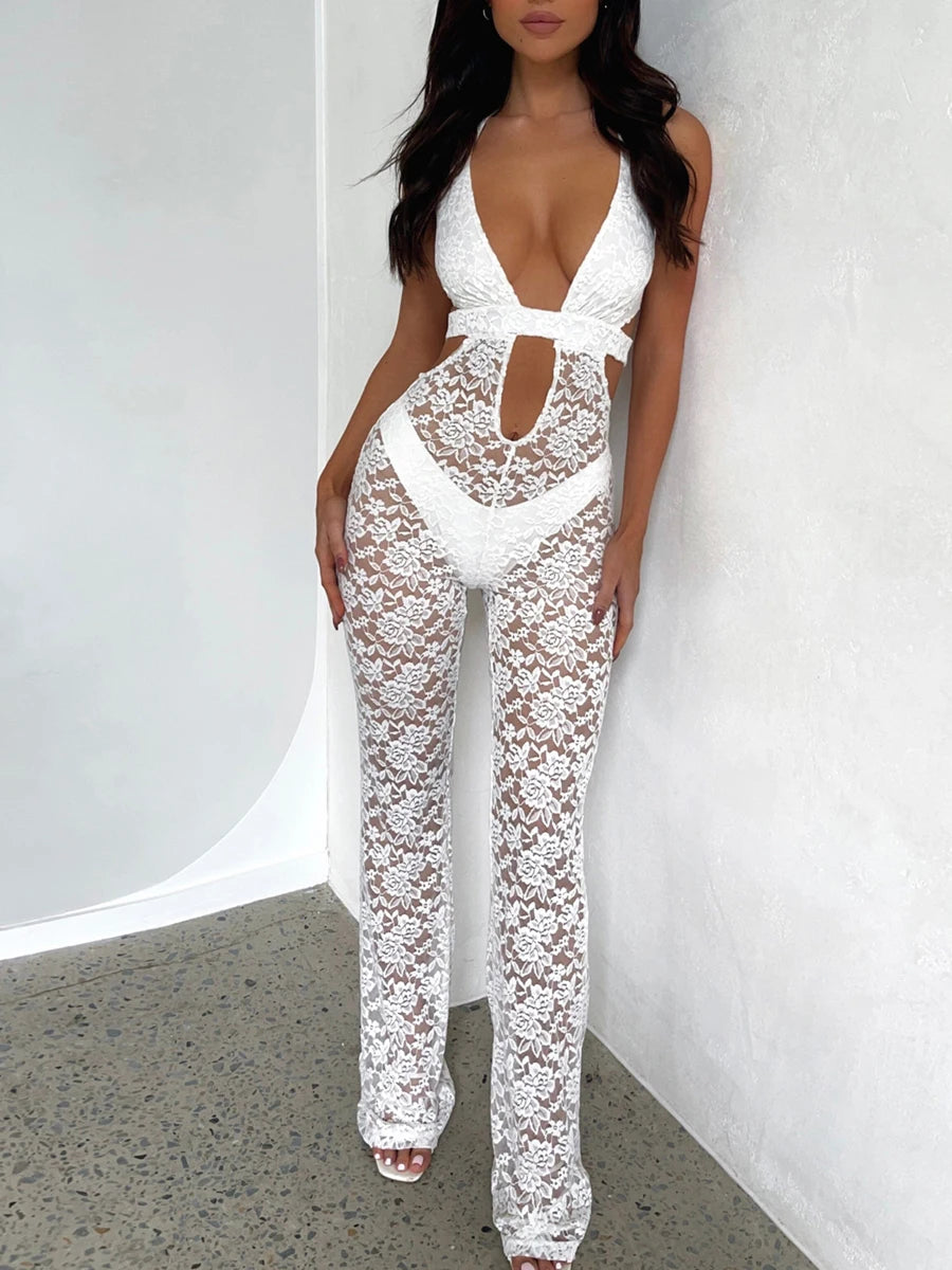 New Women Halter Flare Jumpsuit Casual Summer Cutout Lace See-Through Backless Romper