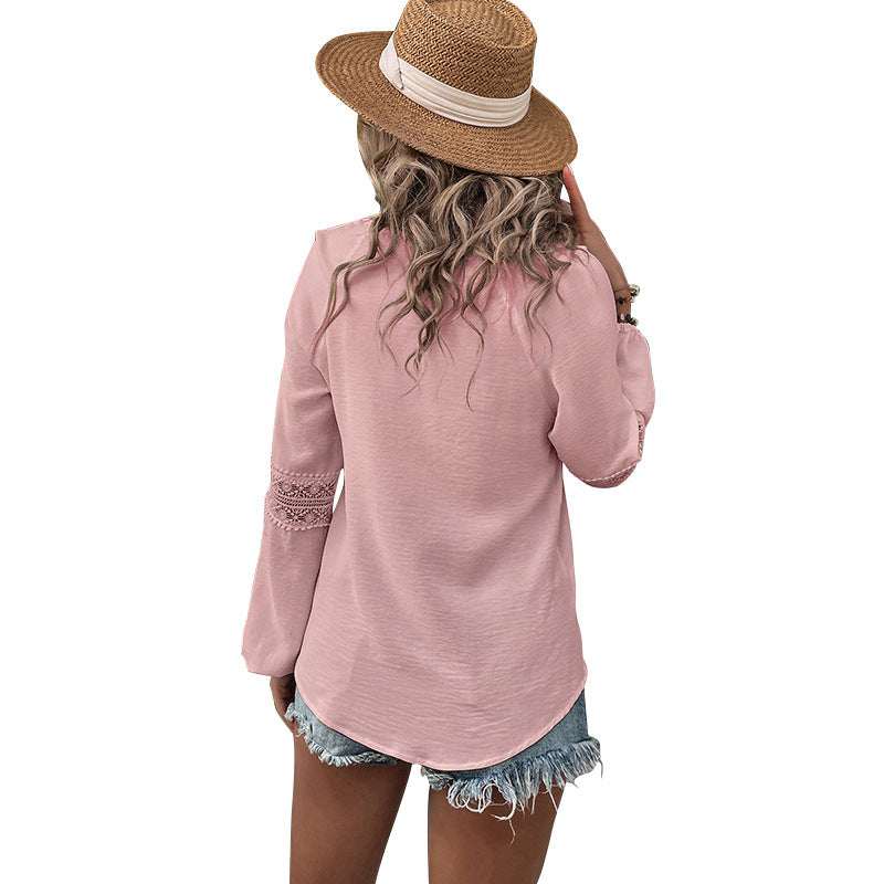 Solid Color Shirt Lantern Sleeve Lace Hollow Chiffon Top